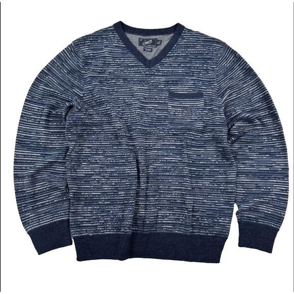 Grayers Mens Merino Wool Sweater XXL V-neck Blue Indigo Pocket 2XL 3D Stripes - Picture 2 of 8